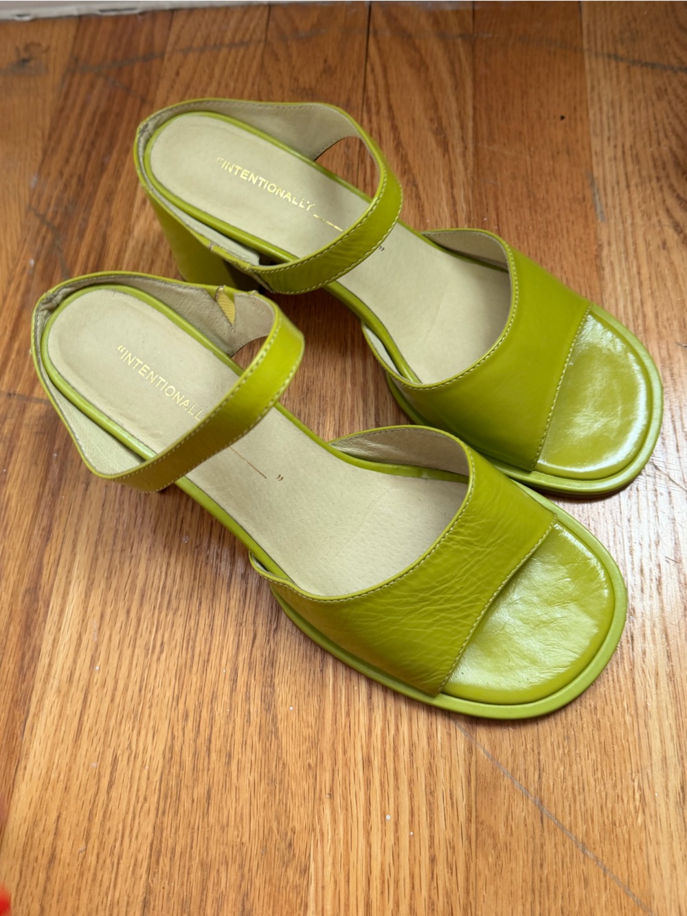 INTENTIONALLY BLANK Lime Green Leather Open-Toe Heel Sandals